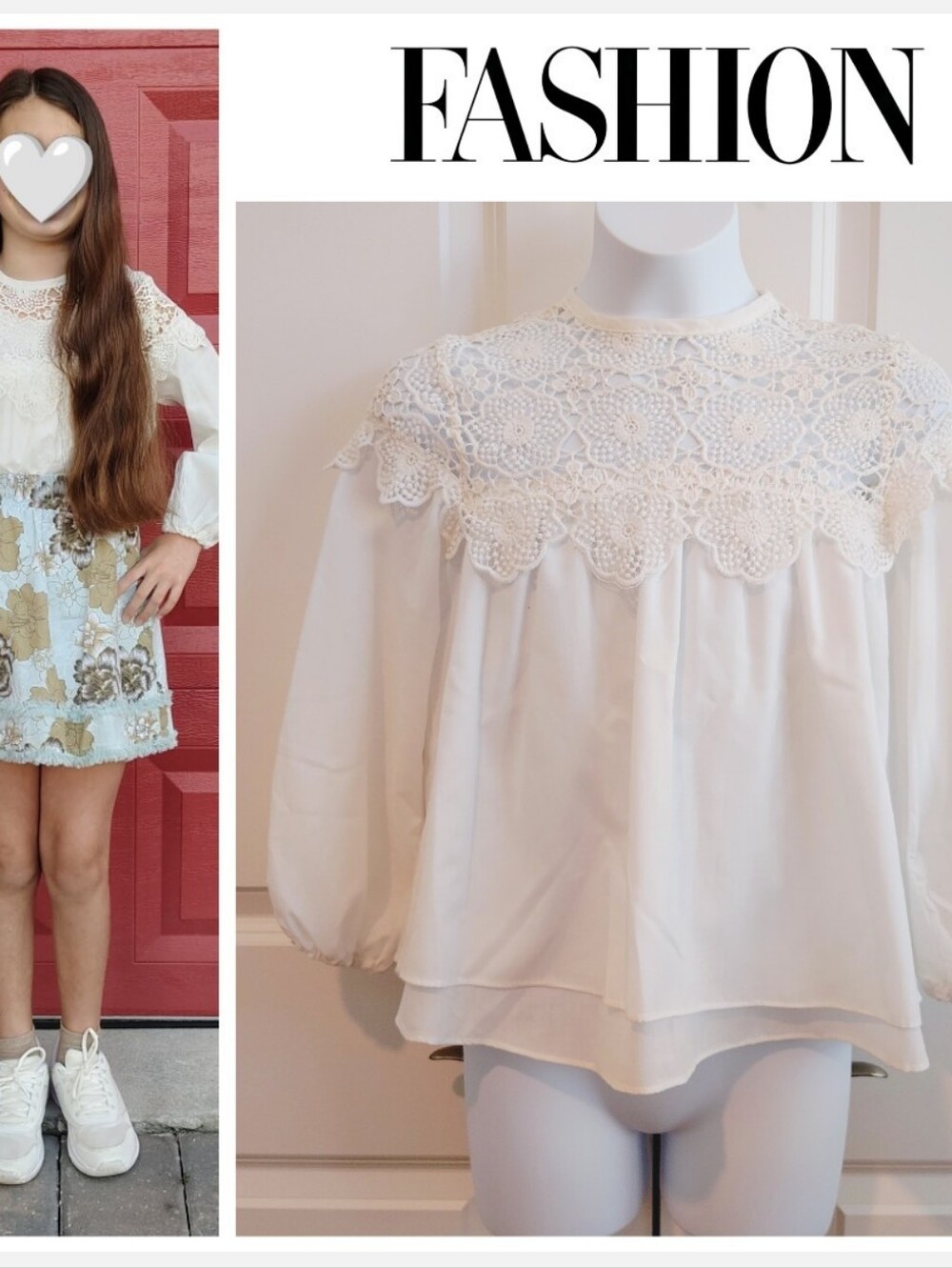 Hollow Lace Stitched Ivory Blouse